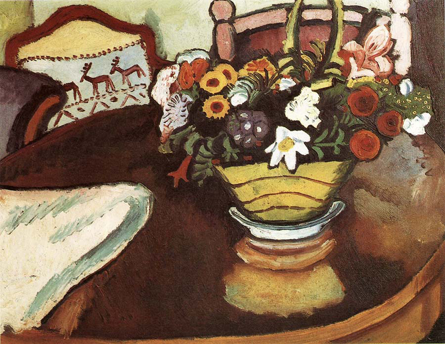 Still-Life with Stag Cushin and Flowers